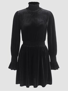 High Neck Velvet Shirred Dress - Black